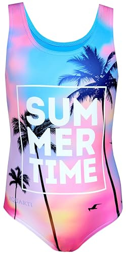 Aquarti Badeanzug Mädchen – Sportlicher Mädchen Badeanzug mit Ringerrücken Print, Farbe: Summer/Time/Blau/Pink/Lila, Größe: 170