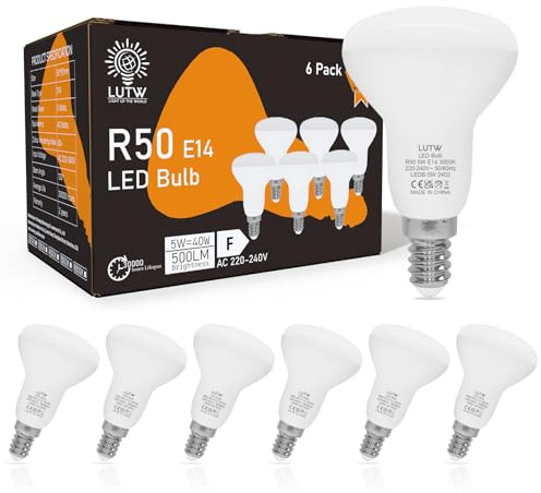 LUTW Lampadine LED E14, Luce Calda 3000K, 5W Riflettore Lampada LED R50, Equivalenti a 40W Incandescenza, 500LM Faretti LED E14, Non Dimmerabile, Angolo del Fascio di 120°, Confezione da 6