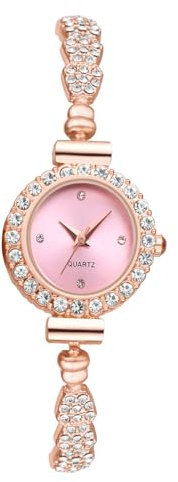 JewelryWe Uhren Damen Glitzer Strass: Analog Quarz Armbanduhr Frauen Bling Ultradünne Kleine Lässige Uhr Damenuhr mit Rosegold Schmal Metall-Armband und Rosa Rundem Zifferblatt