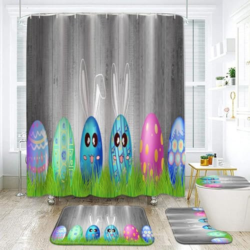 Duschvorhang Graues Kaninchen Blau Badezimmermatte Verdickung Bad Teppiche Set, Duschvorhang Stoff+Bath Mat rutschfeste(45x75cm)+U-Typ Fußmatte Wasseraufnahme+Toilette Badmatte