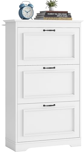 Brinlawb Shoe Storage Cabinet, White Wood Shoe Cabinet with 3 Flip-Down Doors, Adjustable and Removable Divider, Heavy-Duty Metal Flip Hinges, Holds 15-18 Pairs Shoes, Shoe Rack Cabinet, Space-Saving