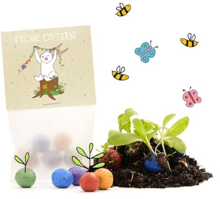 Regalo di Pasqua Frohe Ostern – Set di 10 x 5 biglie di fiori colorate l Piccole palline di semi in un sacchetto con motivo coniglietto e catena luminosa l regalo per Pasqua l idea regalo Pasqua l