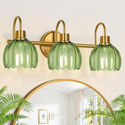 Meybiok Bathroom Light Fixtures (3-Light, 20 in), Brushed Gold Vanity Lights for Bathroom with Ribbed Green Tulip Glass Shade, Vintage Vanity Wall Lights for Mirror Bedroom Living Room Hallway