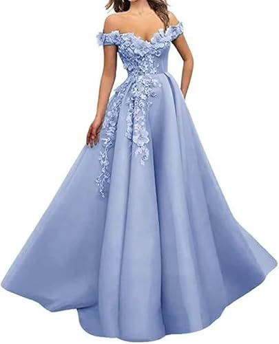 Générique Robes de Bal en Tulle Robe Longue brodée à épaules dénudées Robes de soirée Formelles ornées de Fleurs en 3D Bleu Clair S
