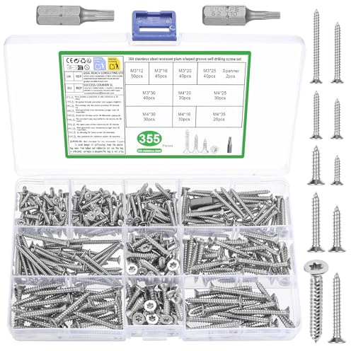 Set di 355 viti Torx, in acciaio inox, viti per legno, viti per truciolato, viti a testa piatta, viti autofilettanti