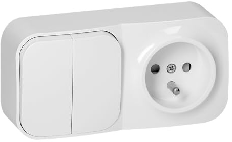 MIRATIC Prise et Interrupteur Mural En Saillie Double Allumage + Prise Standard Français IP20 16A avec Interrupteur à Deux Touches Montage Simple par Serre-Joint (blanc)