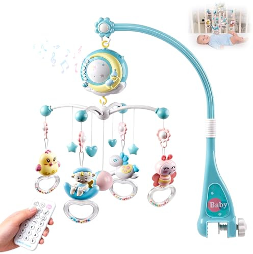 Pmueuff Babymobil, babyhängande leksak med musik, nattlampa och projektor, mobil babymusiklåda med 150 melodier för babysäng, babysäng, leksak, present för nyfödd baby från 0–24 månader