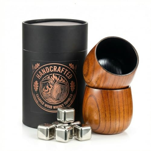 LAHAQIQI Whiskyglas i flåmmat trä, 2-pack (300 ml) – Handgjorda Old-Fashioned/Bourbonglas – Sprickfritt present för män och whiskyälskare till fars dag, födelsedag, jul