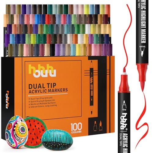 hhhouu Set di 100 Pennarelli Acrilici – Doppia Punta Fine e Tonda – Pennarelli Permanenti per Pietra, Legno, Vetro, Ceramica, Tela, Metallo, DIY e Scrapbooking HO-AM100