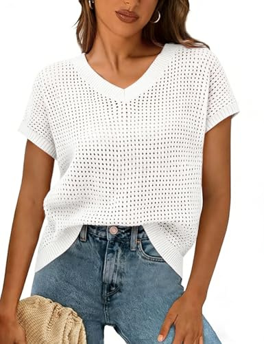 Gyabnw Women's Crochet Knit Top Cap Sleeve Loose Fit Summer Casual Wear | Crochet knit texture, V neck, cap sleeves, hollow out mesh design, for summer days and casual outfits
