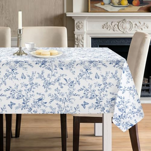 hometrixx Tovaglia Rettangolar Disegno Floreale Blu Vintage Tovaglie Antimacchia Poliestere Copritavolo Lavabile per 4-6 Posti 140x180cm Soggiorno Cucina Sala da Pranzo Giardino Esterno