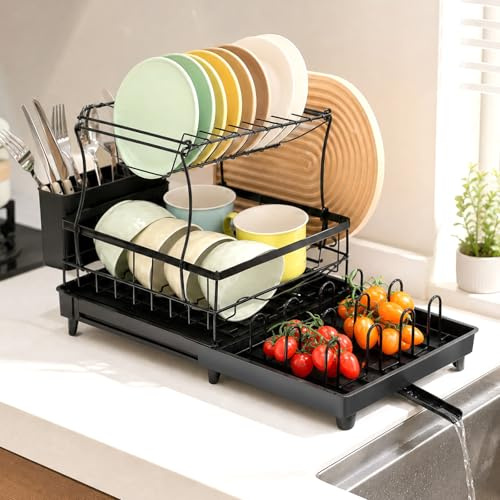 VINATO Scolapiatti da Appoggio a 2 Livelli, Scolapiatti da Lavello Salvaspazio Porta posate cucina con Bandeja Estraibile, Scolapiatti da Appoggio per Lavello con 360°Scarico Regolabile, 52x31x31cm