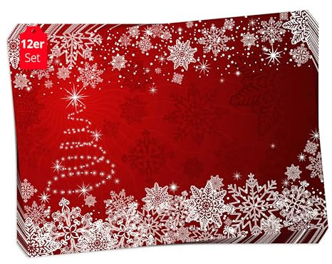 Tischsets I Platzsets Weihnachten Weihnachtsbaum mit Schneekristallen- 12 Stück 44 x 32 cm in Aufbewahrungsmappe - Die besondere Tischdekoration für Weihnachten, Advent oder Weihnachtsfeier