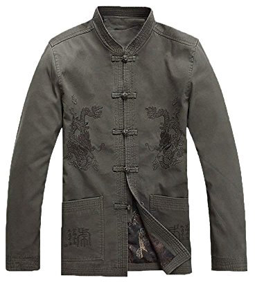 G-LIKE Kampfkunst Kung Fu Jacke - Traditionelle Chinesische Tangzhuang Jacket Herren Kostüme Tai Chi Wing Chun Lange Ärmel Kleidung Uniform Stehkragen Drachen Stickerei (Grau, XL)