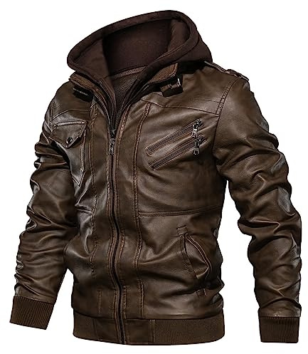 Uusollecy Chaqueta de cuero para hombre, capucha desmontable con capucha chaqueta de cuero con cremallera, marrón, L