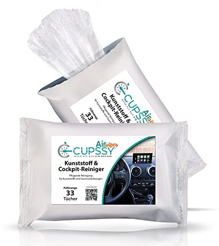 Cupssy® AirWipes | Limpiador de plástico y cabina | Limpia todas las superficies del interior del vehículo | Para grifos, controles, limpieza sin marcas sin arañazos en el coche | 1 x 33 unidades