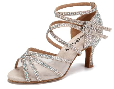RUYBOZRY Zapatos de Baile Latino para Mujer con Diamantes de Imitación Zapatos Baile Salsa y Bachata de Salón,YCL508-Gold-7.5,EU 42