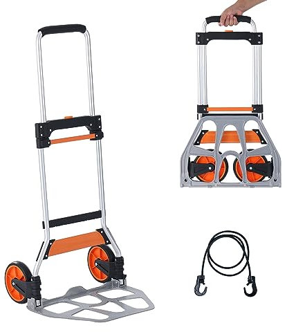 VEVOR Carretilla de Mano Plegable de Aluminio Carga de 125 kg Carro de Mano de Alta Resistencia con Ruedas de Goma Mango Telescópico para Transporte Doméstico, Mercancías de Almacén Supermercado