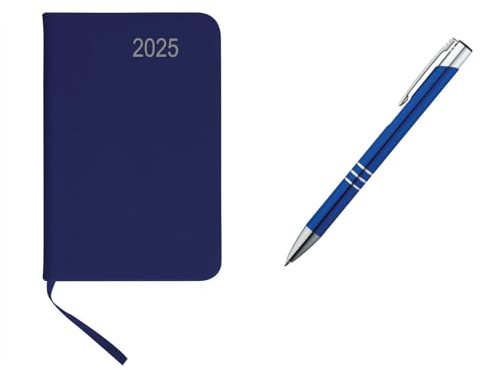 Taschenkalender 2025 / ca A7 / PU Einband / Farbe: blau + Metall Kugelschreiber