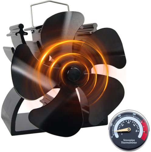 HAWCAFU Mini ventilateur de poêle à bois de 12,5 cm, 5 pales, petit ventilateur de poêle à bois avec thermomètre de poêle, convient pour les petits espaces sur le bois/brûleur à bûches/cheminée
