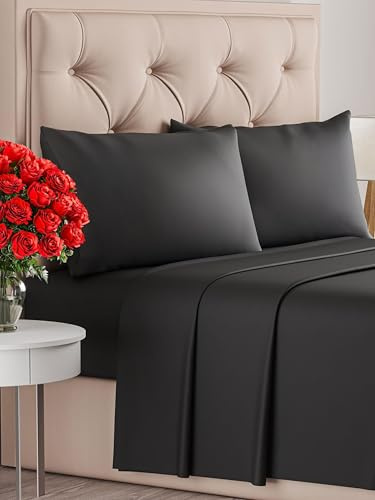 Juego de sábanas 4 piezas - sábana ajustable 135x190, sábana encimera 225x255, 2 fundas de almohada 50x80 - microfibra poliéster suave y duradera - apto colchones hasta 35 cm - OEKO-TEX - Negro