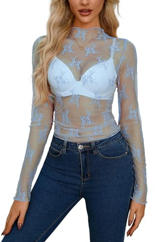 Maglietta da donna a maniche lunghe in mesh trasparente con pizzo motivo floreale colletto alto top trasparente a maniche lunghe maglietta aderente da indossare sotto layering top camicie camicetta