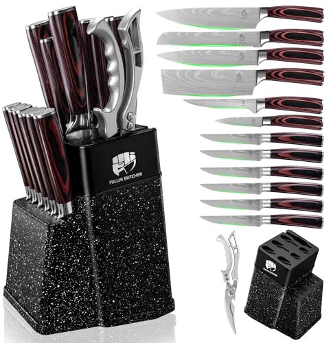 FULLHI Juego de cuchillos de 14 piezas, juego de cuchillos de chef para filetear con portacuchillos y afilador, juego de cuchillos de cocina, mangos multicolores (Café madera)