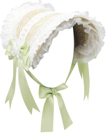 Besforta Cappello piatto Lolita per ragazze e donne vittoriano cappello da sole per tea party cappello da sole con fiocchi di pizzo con nastri di fiori cappelli di paglia, Campana Fiore Semplice -