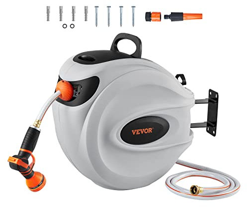 VEVOR Enrouleur Tuyau Arrosage Mural, 40 m x 12 mm, Dévidoir de Tuyaux d'Eau Rétractable avec Support Pivotant 180°, Buse à 9 Modes, Verrouillable, Rembobinage Automatique, pour Arroser Pelouse Jardin