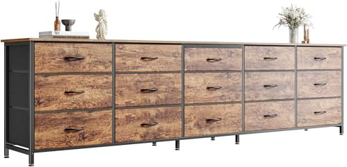 Huuger 78.7 inch Long Dresser for Bedroom, 15 Drawer Fabric Dresser for Closet, Large TV Stand for 65, 75, 85 inch TV, Wide Chest of Drawer with Storage, 78.7 W x 12.9 D x 26.7 H, Rustic Brown