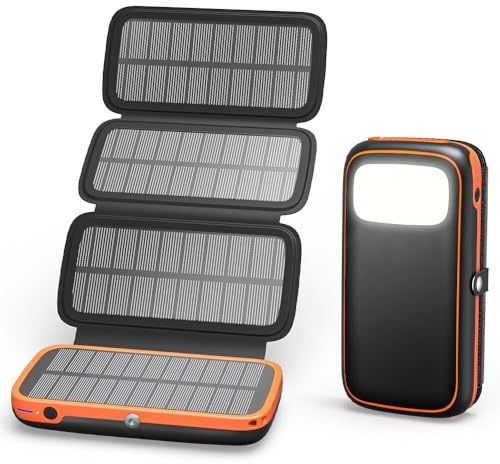 Solar Power Bank 26800 mAh - Caricatore solare portatile con 4 pannelli pieghevoli - PD QC 3.0 Caricabatterie a ricarica rapida con uscita/ingresso USB C - Batteria esterna con torcia elettrica per