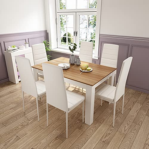 Dining Table and Chairs Set 6, Dining Room Sets High Back Faux Leather Chair, for Kitchen Home Office, 138 x 90 x 75 cm, Oak Table White Chairs