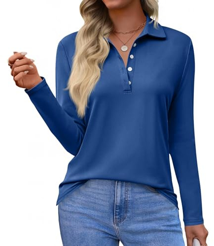 Damen Poloshirt Langarm V-Ausschnitt Polohemd Schnelltrocknend Laufshirts Leicht Sport T-Shirts Tops Atmungsaktiv Fitness Golf Tennis Blau L