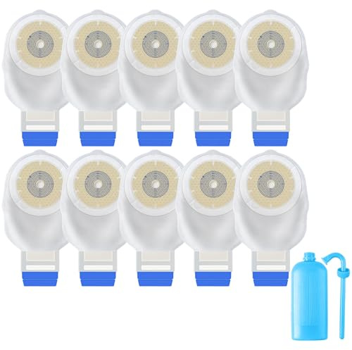 10 Bolsas de Estoma, Bolsas de Colostomía de Una Pieza, Bolsas Drenables para Ostomía con Cierre, 15 a 55 mm Recortables (Incluye Botella de Enjuague de 500 ml)