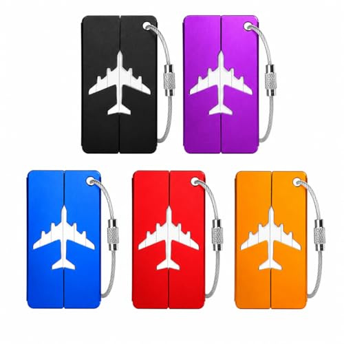 5 Pack Luggage Tags,Suitcase Tags with Steel Wire Loop & Waterproof ID Card | Aluminium Suitcase Tags for Checked Luggage, Backpacks, Laptop Bags – 7.5 x 4.5 cm