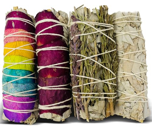 Bholi Sage Plus Sage Smudge kit Rosemary Lavender White Sage Rose with White Sage Sustainably Sourced from California Dried Sage Sticks for Home Cleansing, Blessing