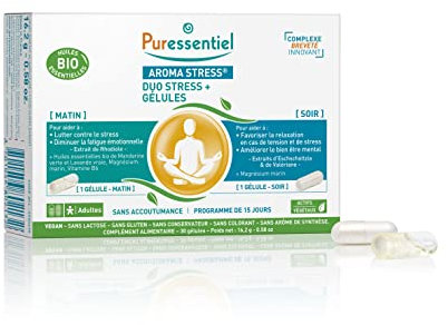 Puressentiel Aroma Stress - Duo Stress + Capsule, Favoriscono il rilassamento in caso di stress, Azione continua giorno e sera, Complesso brevettato, Trattamento 15 giorni, 30 capsule