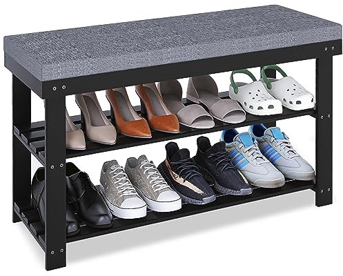 SMIBUY Schuhbank, Bambus Schuhablage mit Kissen, Schuhschrank mit Bank, Schuhablage mit 3 Fächern, Stabiles Standregal ideal für Eingangsbereich, Bad, Wohnzimmer, Flur, schwarz