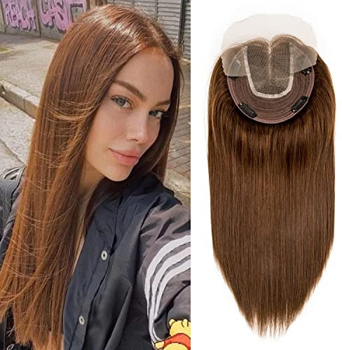 Originea Echthaar Topper Für Frauen Dünner Werdendes Haar 150% Dichte Clip in Topper Echthaar Extensions 14x15cm Mono Basis Handgefertigt Toupet mit Spitzenfront 30cm-70g #4 Mittelbraun