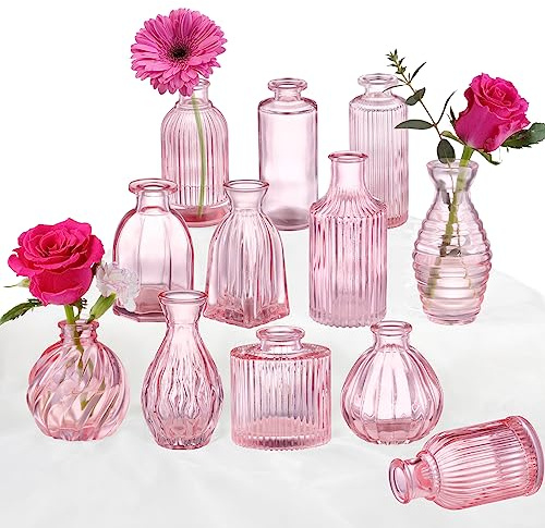 PHUNTTEK Rosa ribbad glasvas set med 12, moderna avlånga knoppvaser för blommor, bröllop och heminredning