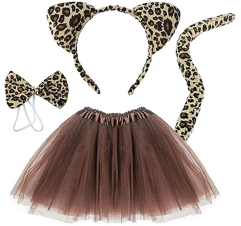 TSHAOUN 4 Pcs leopard ears headband Set Include Animal Tutu Skirt Costume Ears Tail Bow Tie for Toddler Kids Halloween Fancy Dress Up Birthday Costume Accessories (Leopard)