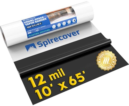Spirecover Crawl Space Vapor Barrier, 12 Mil Vapor Barrier, 10'x65', Plastic Drop Cloth Covering for Crawlspace Encapsulation, Thick Plastic Sheeting, Black and White Panda Film