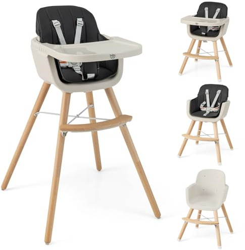 BABY JOY Baby High Chair, 3-in-1 Convertible Wooden Highchair for Babies & Toddlers, Infant Feeding Chair w/ 5-Point Safety Harness, Footrest, Adjustable Legs, Removable Tray & PU Cushion (Black)