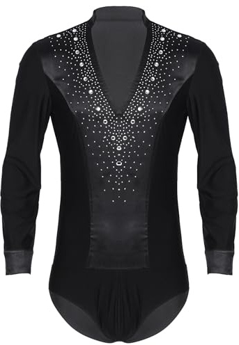 Hedmy Justaucorps Danse Latine Homme Col V Body Leotard Ballet Tango Samba Rumba Gym Combinaison Strass Dancewear Noir L
