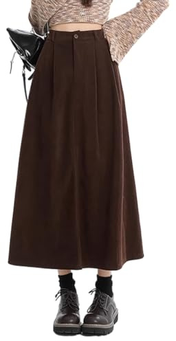 IDEASLANXUN Long Corduroy Skirts for Women 2024 Fall Winter High Waisted A Line Pleated Maxi Skirt, Coffee, M