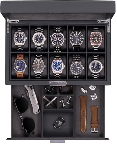 ROTHWELL Scatola per Orologi in Pelle a 10 Scomparti con Cassetto di Valet, Organizzatore di Lusso con Fodera in Microfibra Ultra Morbida, Supporto per Gioielli e Occhiali da Sole con Grande Piano
