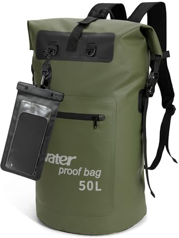 WELDUN Bolsa Impermeable 35L/50L Mochila Bolsa Seca con IPX8 Funda de teléfono móvil, para Kayak, piragüismo, Camping, Trekking, Senderismo, Vela u Otros Deportes acuáticos 50L Verde