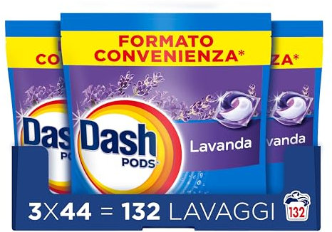 Dash Pods Detersivo In Capsule, 132 Lavaggi (3x44), Lavanda, Rimuove Le Macchie, Igienizza, Dona Freschezza, Brillantezza Per I Capi