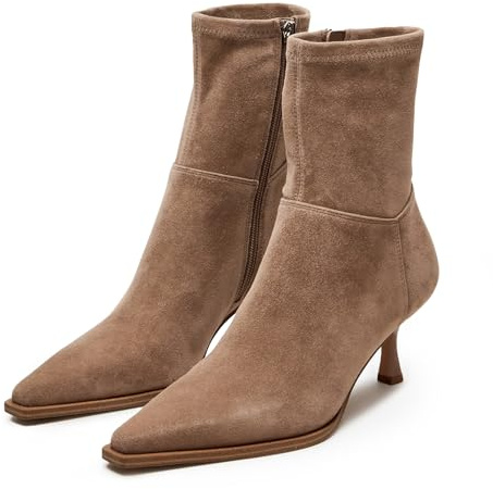 JORISTIMO Ankle Boots for Women Kitten Heel Short Boots Dressy Pointed Toe Booties Side Zipper, Brown Suede, 7.5 UK