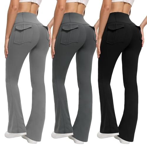 XIGEOU 3 Pack Yoga Pants for Women with Pockets Flared Leggings | High Waisted Flared Trousers Breathable Stretchy Wide Leg Bootcut Work Gym Casual